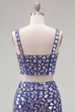 Robe de retour à la maison bleu foncé Bodycon 2 pièces avec des strass