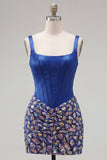 Robe de bal de la rentrée à la maison corset bodycon bleu foncé à col carré avec des strass