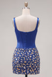 Robe de bal de la rentrée à la maison corset bodycon bleu foncé à col carré avec des strass