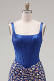 Robe de bal de la rentrée à la maison corset bodycon bleu foncé à col carré avec des strass