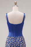 Robe de bal de la rentrée à la maison corset bodycon bleu foncé à col carré avec des strass