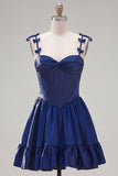 Robe de balles de rentrée à la maison Corset marine A-Line avec bretelles fines