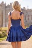 Robe de balles de rentrée à la maison Corset marine A-Line avec bretelles fines