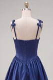 Robe de balles de rentrée à la maison Corset marine A-Line avec bretelles fines