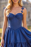 Robe de balles de rentrée à la maison Corset marine A-Line avec bretelles fines