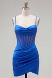Robe de balaison bleu royal bleu bleu courtisée transparente corset à bretelles fines à bretelles froncées