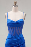 Robe de balaison bleu royal bleu bleu courtisée transparente corset à bretelles fines à bretelles froncées