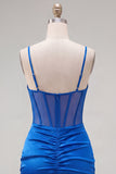 Robe de balaison bleu royal bleu bleu courtisée transparente corset à bretelles fines à bretelles froncées