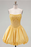 Corset jaune A-Line Strapless transparente, corset transparent à lacets dans le dos avec des perles