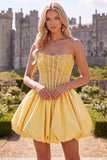 Corset jaune A-Line Strapless transparente, corset transparent à lacets dans le dos avec des perles