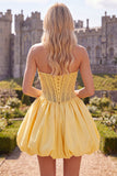 Corset jaune A-Line Strapless transparente, corset transparent à lacets dans le dos avec des perles