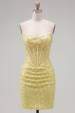 Robe de rentrée de rentrée à paillettes bodycon, corset bodycon, jaune scintillant, maillettes
