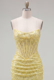 Robe de rentrée de rentrée à paillettes bodycon, corset bodycon, jaune scintillant, maillettes