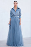 Robe longue de la mariée en tulle gris bleu ligne A avec ceinture