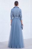 Robe longue de la mariée en tulle gris bleu ligne A avec ceinture