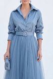 Robe longue de la mariée en tulle gris bleu ligne A avec ceinture