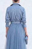 Robe longue de la mariée en tulle gris bleu ligne A avec ceinture
