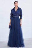Robe longue de la mariée en tulle gris bleu ligne A avec ceinture