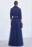 Robe longue de la mariée en tulle gris bleu ligne A avec ceinture