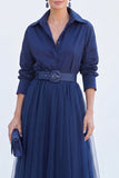 Robe longue de la mariée en tulle gris bleu ligne A avec ceinture