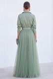 Robe longue de la mariée en tulle gris bleu ligne A avec ceinture