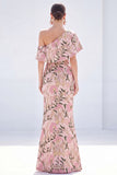 Robe longue de la mère de la mariée en forme de sirène jaune à une épaule florale