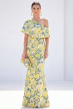 Robe longue de la mère de la mariée en forme de sirène jaune à une épaule florale
