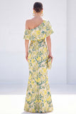 Robe longue de la mère de la mariée en forme de sirène jaune à une épaule florale