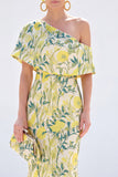 Robe longue de la mère de la mariée en forme de sirène jaune à une épaule florale