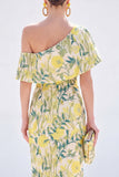 Robe longue de la mère de la mariée en forme de sirène jaune à une épaule florale