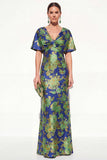 Robe longue de mère de mariée en sirène rose bleue, sirène à col en V à col en V