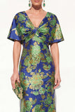 Robe longue de mère de mariée en sirène rose bleue, sirène à col en V à col en V