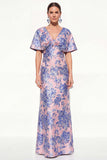 Robe longue de mère de mariée en sirène rose bleue, sirène à col en V à col en V