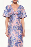 Robe longue de mère de mariée en sirène rose bleue, sirène à col en V à col en V