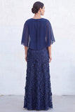 Robe verte longue de mère de la mariée à perles à col rond avec cape