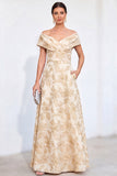 Robe dorée A-line décollé sur les épaules Jacquard fleur longue mère de la mariée
