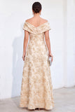 Robe dorée A-line décollé sur les épaules Jacquard fleur longue mère de la mariée