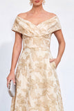 Robe dorée A-line décollé sur les épaules Jacquard fleur longue mère de la mariée
