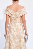 Robe dorée A-line décollé sur les épaules Jacquard fleur longue mère de la mariée