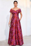 Robe dorée A-line décollé sur les épaules Jacquard fleur longue mère de la mariée