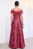Robe dorée A-line décollé sur les épaules Jacquard fleur longue mère de la mariée