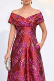 Robe dorée A-line décollé sur les épaules Jacquard fleur longue mère de la mariée