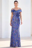 Bleu royal sirène dénudé longue robe de mère de la mariée avec des fleurs 3D