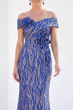 Bleu royal sirène dénudé longue robe de mère de la mariée avec des fleurs 3D