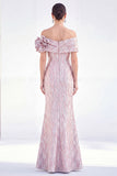 Robe longue de mère de la mariée sirène dorée aux épaules dénudées, avec des fleurs 3D