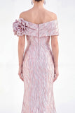 Robe longue de mère de la mariée sirène dorée aux épaules dénudées, avec des fleurs 3D