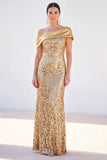 Sirène dorée scintillante Sequins d’une épaule Longue robe de la mère de la mariée