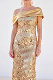Sirène dorée scintillante Sequins d’une épaule Longue robe de la mère de la mariée