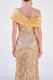 Sirène dorée scintillante Sequins d’une épaule Longue robe de la mère de la mariée