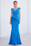 Robe de mère de la mariée en sirène fleurie bleue, col en V et longue, manches courtes